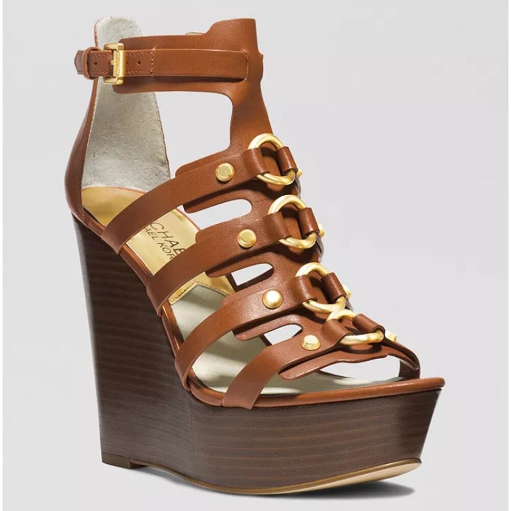 MICHAEL Michael Kors Brown Leather Strappy Platform Wedge Sandals